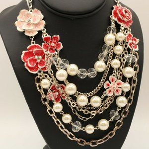 WHBM Multi Strand Pearl Rose Rhinestone Necklace